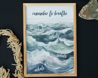 Remember To Breathe Watercolor Wall Decor Meditation Guide Ocean Waves Inspiring Modern Wall Art for Yoga Meditation Room Practice Printable