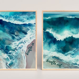 Breathe In Breathe Out 2er Set Meditative Wand Dekor Ozean Wellen Inspirierende Wand Kunst für Yoga Meditation Raum Praxis Digitaler Download