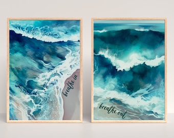 Breathe In Breathe Out Set of 2 Meditative Wall Decor Ocean Waves Inspiring Wall Art for Yoga Meditation Room Practice Digital Download
