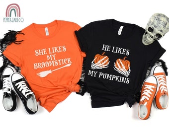 Couples Halloween Tshirt, Trick or Treating Parents Matching Shirts, Halloween Party Unisex Tee,  Funny Halloween Shirt Her boo His Witch