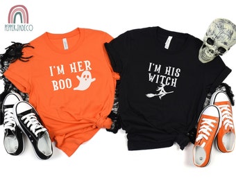 Couples Halloween Tshirt, Trick or Treating Parents Matching Shirts, Halloween Party Unisex Tee,  Funny Halloween Shirt Her boo His Witch