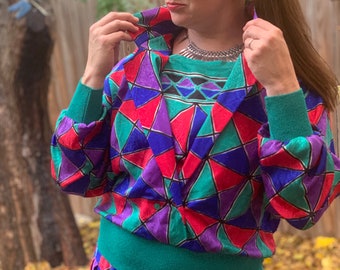 Geometric 1980s - 1990s 2 piece blouse and skirt set