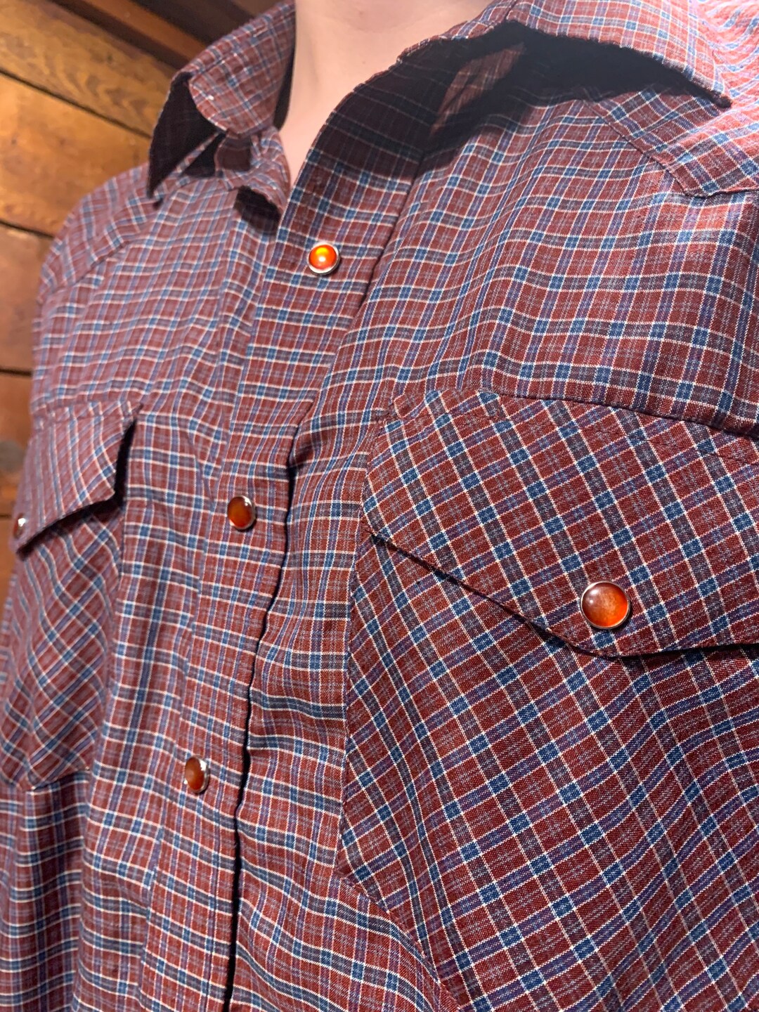 Vintage 80s Country Western Pearl Snap Plaid Shirt With Red Snaps For vintage-80s-country-western-pearl-snap-plaid-shirt-with-red-snaps-for