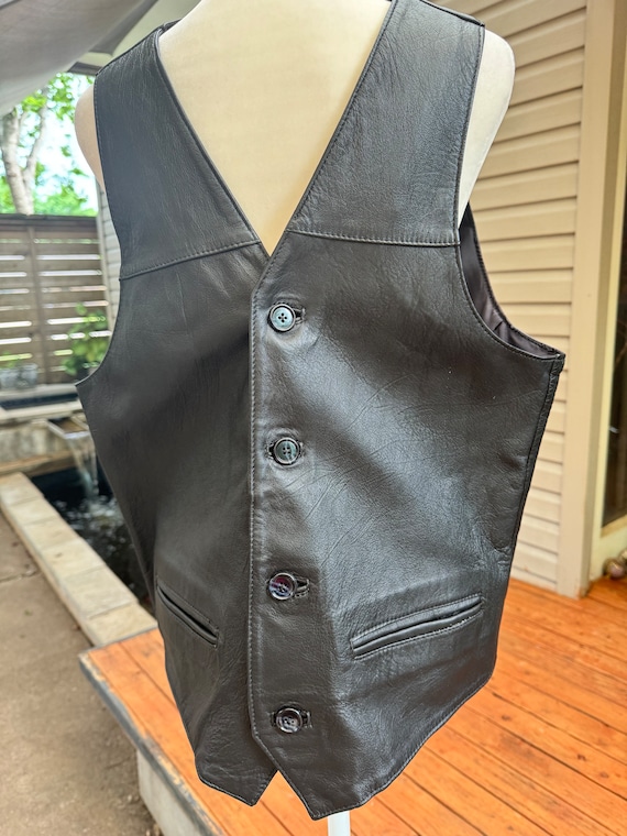 mens black leather biker / ranch vintage vest by J