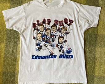 1980s Edmonton Oilers Big Head Slapshot Caricature T-Shirt Single Stitch