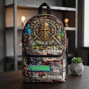 Mochila con grafiti "Armadura de Dios", bolso cristiano con grafiti, mochila con versículos bíblicos de Yeshua, mochila escolar con la fe de Efesios 6, regalo cristiano.