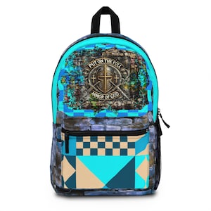 Armor of God Christian Backpack, Geometric Teal School Bag, Ephesians 6 Faith Bookbag, Steampunk Grunge Teen Backpack