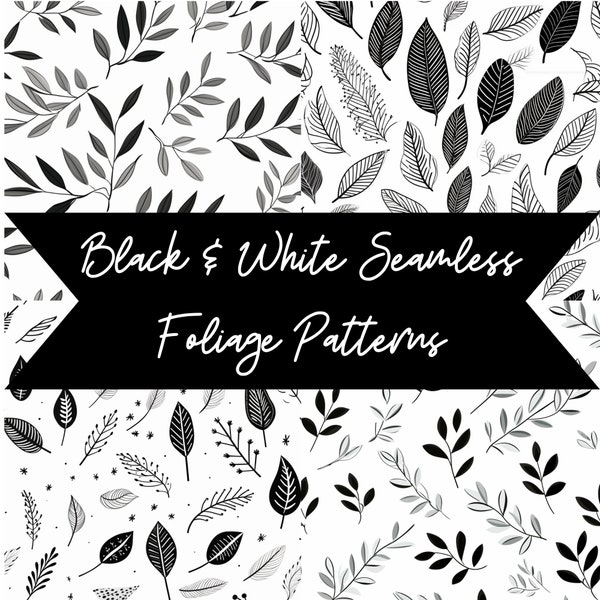 Black & White Foliage, Leaves, Seamless Design, Printable Digital Paper, Repeat Pattern,