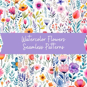 May include: A set of six seamless watercolor floral patterns featuring various flowers in shades of pink, blue, yellow, orange, and purple. The patterns are perfect for creating digital or printed designs.