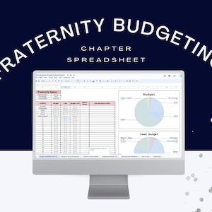 May include: A computer screen displaying a spreadsheet titled "Fraternity Budgeting Spreadsheet". The spreadsheet includes a budget and used budget section with pie charts. The spreadsheet is divided into columns with headings such as "Position", "Budget", "Used", "Budget Left", and "Miscellaneous Notes".