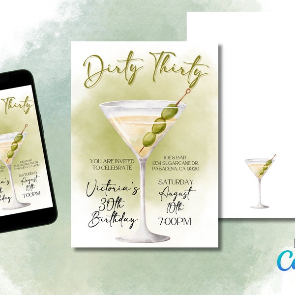Dirty thirty birthday invitation 30 yr old party bar martini glass 5x7 and digital invite