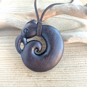 Ebony Manaia Koru Wooden Pendant Necklace 61 mm, Handmade Unique Wooden Gifts, Unisex Gifts (E129P)