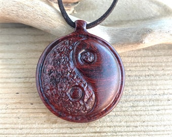 Wooden Yin Yang Pendant Necklace Hand Carved from Padauk Wood 44 mm, Handmade Unique Wooden Gifts (PD68P)