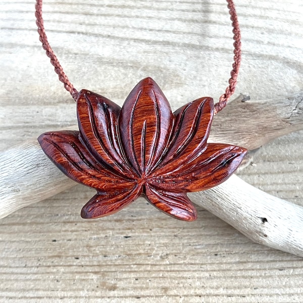 Padauk Lotus Flower Wooden Pendant Necklace 60 mm, Handmade Unique Wooden Gifts, Unisex Gifts (PD41P)