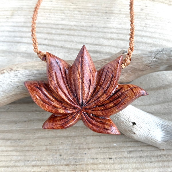 Wooden Lotus Flower Pendant Necklace Hand Carved from Padauk Wood 55 mm, Handmade Unique Wooden Gifts (PD38P)