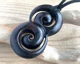 Wooden Twin Double Koru Spiral Pendant Necklace Hand Carved from Ebony Wood 60 mm, Wooden Home Decor, Handmade Unique Wooden Gifts (E204P)