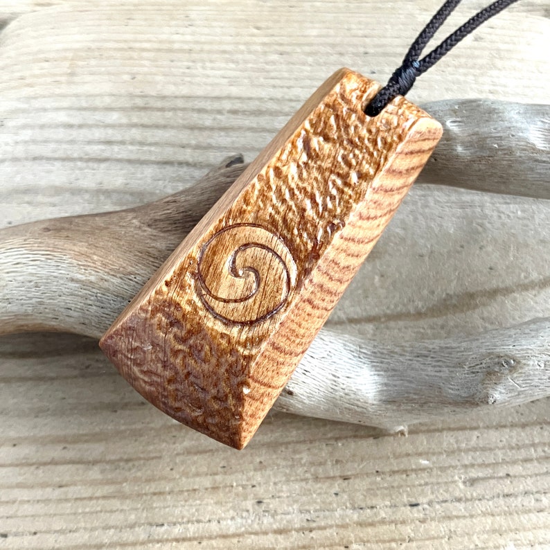 Pomouwood Fokienia Wood Faceted Toki & Koru Wooden Pendant Necklace 65 mm, Handmade Unique Wooden Gifts, Unisex Gifts PM206P image 1