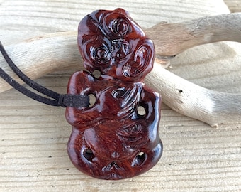 Rosewood Hei Tiki Wooden Pendant Necklace 70 mm, Handmade Unique Wooden Gifts, Unisex Gifts (RWC22P)