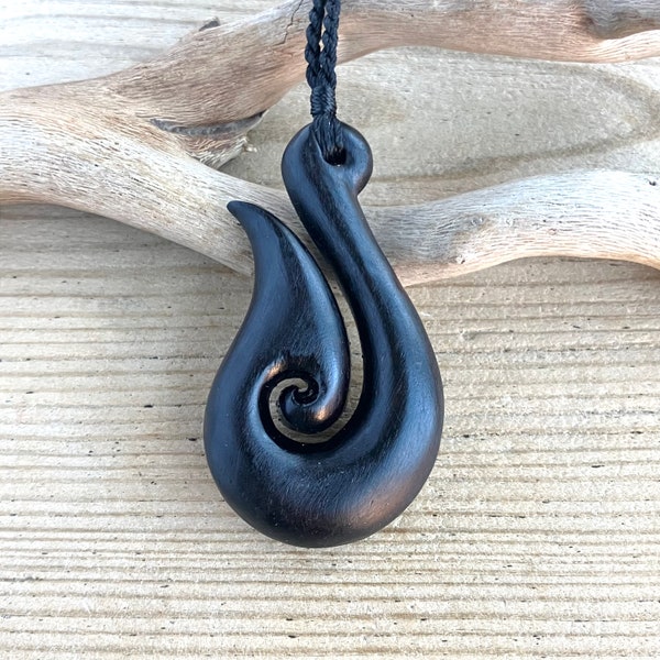 Ebony Hei Matau Fish Hook Wooden Pendant Necklace 65 mm, Handmade Unique Wooden Gifts, Unisex Gifts (E141P)