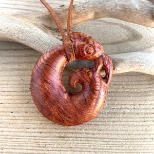Wooden Manaia Koru Pendant Necklace Hand Carved from Padauk Wood 56 mm, Handmade Unique Wooden Gifts (PD90P)