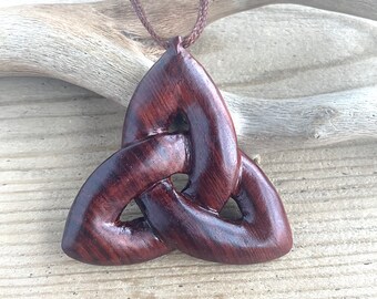Wooden Triquetra Celtic Knot Pendant Necklace Hand Carved from Rosewood 57mm, Gifts for Men, Gifts for Women (RWC79P)