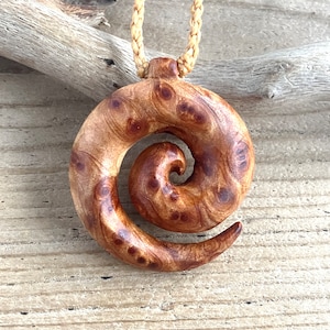 Rare Scented Wood Weeping Cypress Burl Wood Single Koru Spiral Pendant Necklace 37 mm, Handmade Unique Wooden Gifts (WC166P)