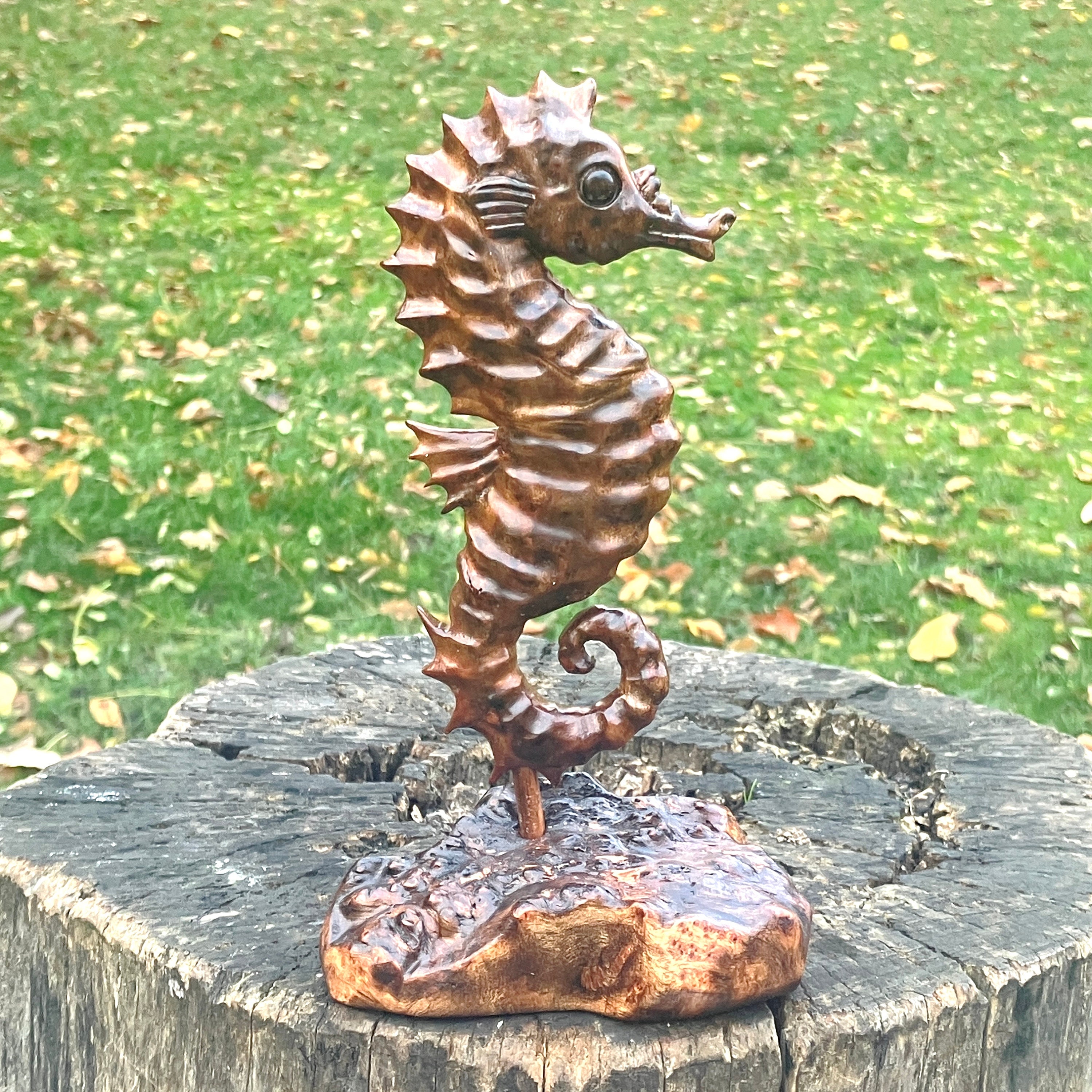 Wooden Seahorse Sculpture, Handcrafted Seahorse Ornament, Camphor