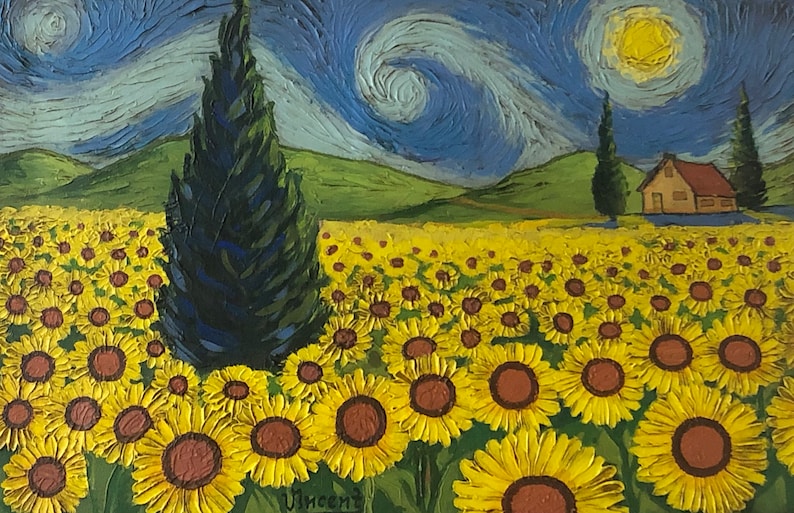 Champ de tournesols par Vincent Van Gogh 1888 Peinture originale signée à l'huile sur toile image 1