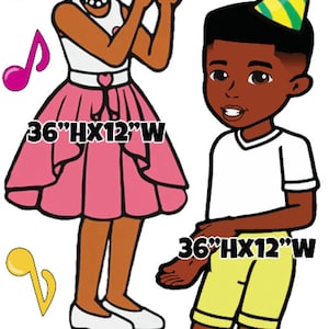 May include: Two children, a girl and a boy, wearing party hats and smiling. The girl is wearing a pink dress with a heart design and the boy is wearing a white shirt and yellow shorts. There are musical notes around them. The text "36"HX12"W" and "10"H" is visible.