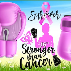 May include: Pink boxing gloves with a white strap and a pink ribbon with the word "Survivor" and the text "Stronger than Cancer" with a butterfly graphic. The gloves are 23 inches long.