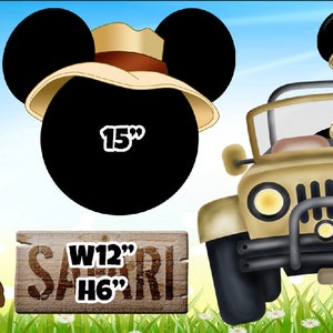 May include: A set of three safari-themed Mickey Mouse cutouts. The first cutout is of Mickey Mouse wearing a safari hat and holding a backpack. The second cutout is of Mickey Mouse's head wearing a safari hat. The third cutout is of Mickey Mouse driving a jeep. The cutouts are 23 inches tall. There is also a wooden sign that says "Safari" with the dimensions W12" H6".
