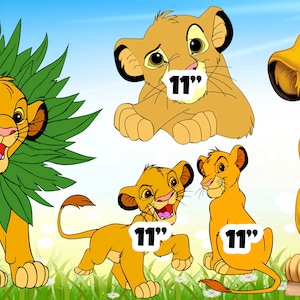 May include: A collection of cartoon lion cub characters in various poses. The largest lion is 23 inches tall, with others at 11 inches and 10 inches. The lion cubs are yellow and brown, with green leaf accents.