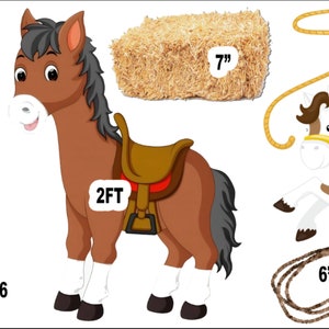 May include: A set of three cowboy-themed cutouts, including a cowboy with a red bandana and a brown hat, a brown horse with a saddle, and a white horse with a brown saddle and a cowboy riding it. The cutouts are 2 feet tall and include a 7-inch bale of hay and a 6-inch rope. RA4486