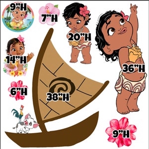 May include: A set of 10 Moana-themed printable cutouts, featuring Moana in various poses, a boat, a pig, a rooster, and flowers. The cutouts are labeled with their height in inches.