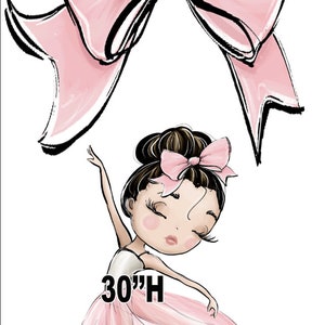 May include: A pink ballerina with a pink bow in her hair, wearing a pink tutu and white ballet shoes. The ballerina is 30 inches tall. There is a large pink bow above her, measuring 24 inches tall and 22 inches wide.