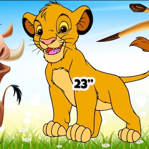 May include: A cartoon illustration of three characters from the movie The Lion King. The characters are Simba the lion, Pumbaa the warthog, and Timon the meerkat. Each character is 23 inches tall.