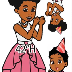 May include: Three cartoon girls wearing pink dresses and party hats. The tallest girl is 42 inches tall, and the two smaller girls are 23 inches tall.