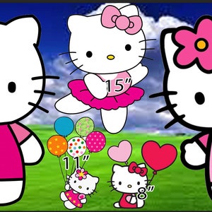 May include: Three Hello Kitty cutouts with different poses and sizes. The largest cutout is 23 inches tall and wearing a pink shirt. The middle cutout is 15 inches tall and wearing a pink tutu. The smallest cutout is 8 inches tall and holding balloons.