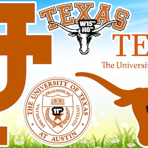 May include: The University of Texas at Austin logo in orange with a longhorn steer head, a seal with the words "The University of Texas" and "At Austin", and a stylized "UT" monogram. The logos are shown in various sizes with measurements in inches.
