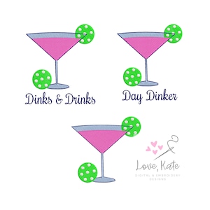 May include: Three martini glass designs with green and white polka dot limes. The text "Dinks & Drinks", "Day Dinker", and "Love, Kate" is included in the design.