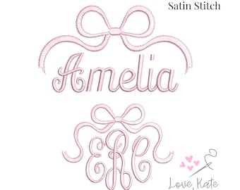 Bow Monogram & Name Toppers Set (Satin Stitch) - 6 Sizes Each