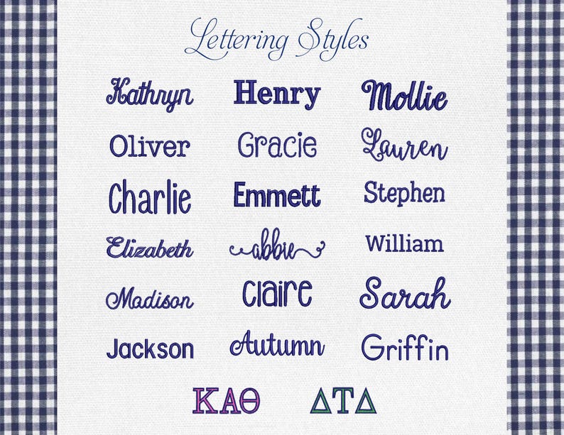 May include: A display of various lettering styles in navy blue, including cursive and block fonts. The text includes names like Kathryn, Henry, and Mollie, along with Greek letters. The background is a light fabric with a navy blue gingham border.
