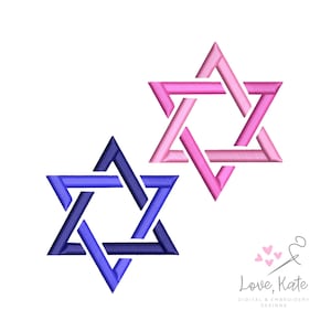 May include: Two embroidered Star of David designs, one in pink and one in blue. The designs are intricate and detailed, with a layered effect.