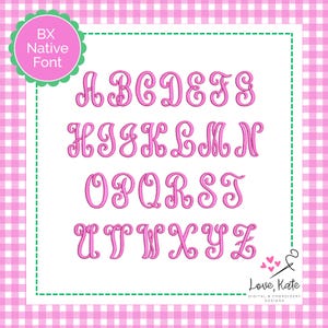 May include: A pink cursive font alphabet, displayed on a white background with a pink gingham pattern. The letters A through Z are shown. The text "BX Native Font" is in a pink circle at the top left.