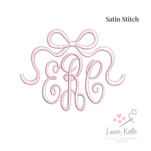 May include: Pink satin stitch monogram with a bow and the letters "E R C" in a script font.