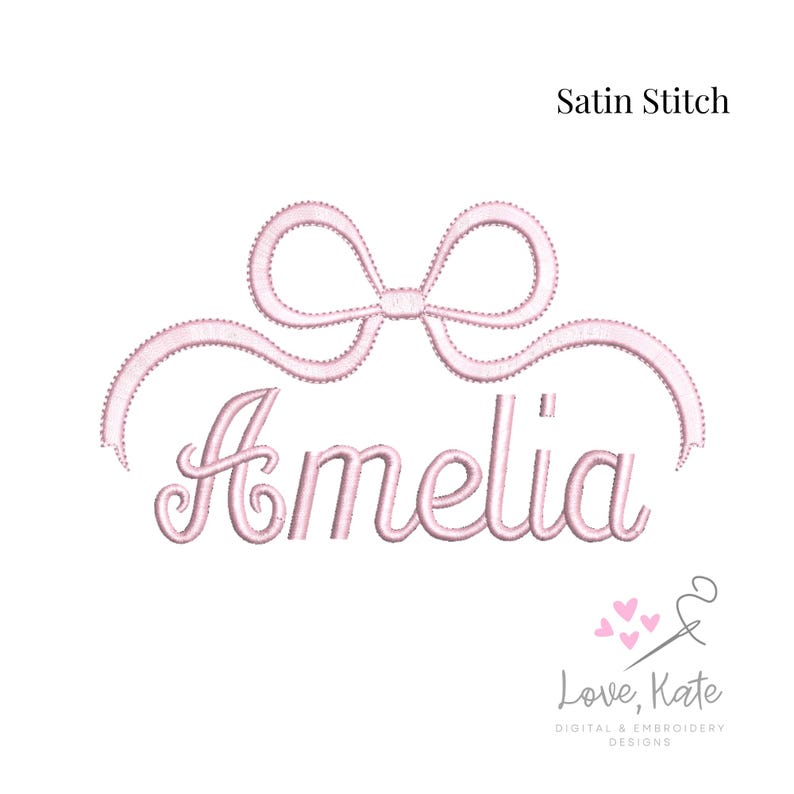 May include: Pink satin stitch embroidery design of a bow with a ribbon and the name Amelia.