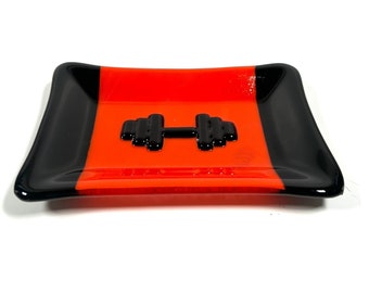 Fused Glass Soap Dish or Trinket Dish. Orange and Black with a Dumbbell design for your favourite bodybuilder, weightlifter, powerlifter.