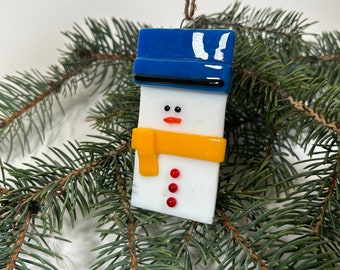 Snowman Christmas Tree Decoration Ornament Hand Made Fused Glass Stocking Stuffer