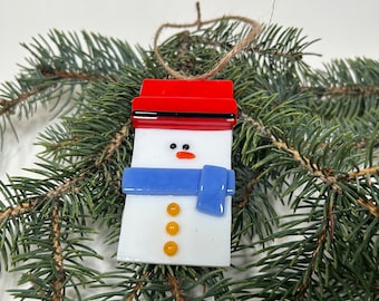 Snowman Christmas Tree Decoration Ornament Hand Made Fused Glass Stocking Stuffer