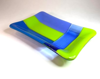 Fused Glass Handmade Soap Dish or Trinket Dish in Periwinkle Blue, Spring Green and Egyptian  Blue.